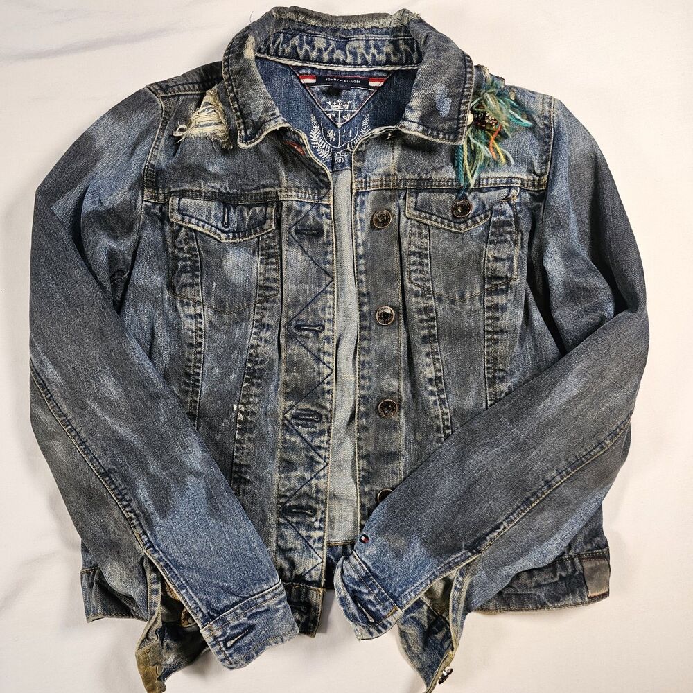 One Of A Kind Reworked Tommy Hilfiger Womens Denim Jacket Size M Punk Grunge